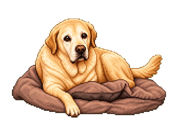 Pixel art dog resting on a cushion